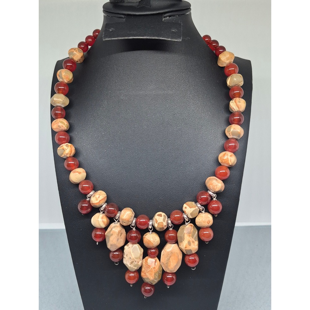 SX Sterling Silver Jasper and Carnelian Bib Necklace Woman Red Brown Statement